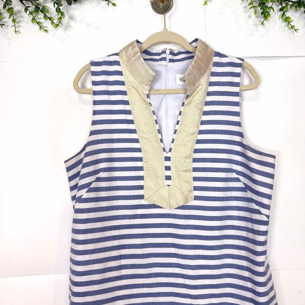 Eliza J Dress 16 Blue White Stripe Nautical Gold V Neck Cotton Mini Tunic short - Picture 6 of 16